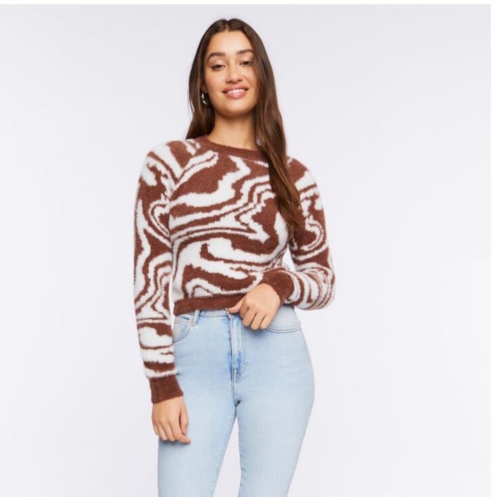 Fuzzy knit Brown & Cream Marble Print Sweater Size XS